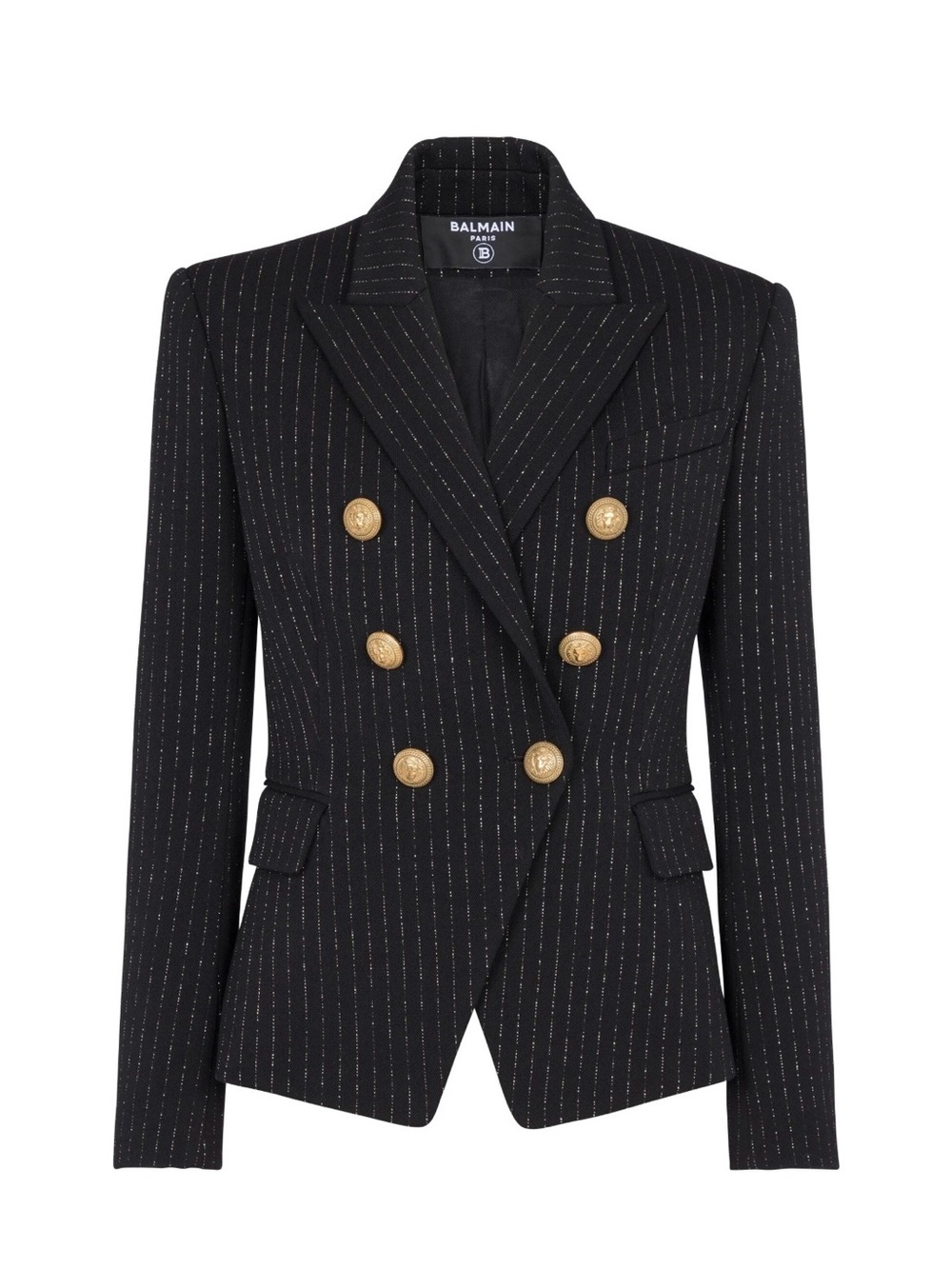 Balmain New- Black Pinstripe Double-Breasted Blazer with fine gold stripes